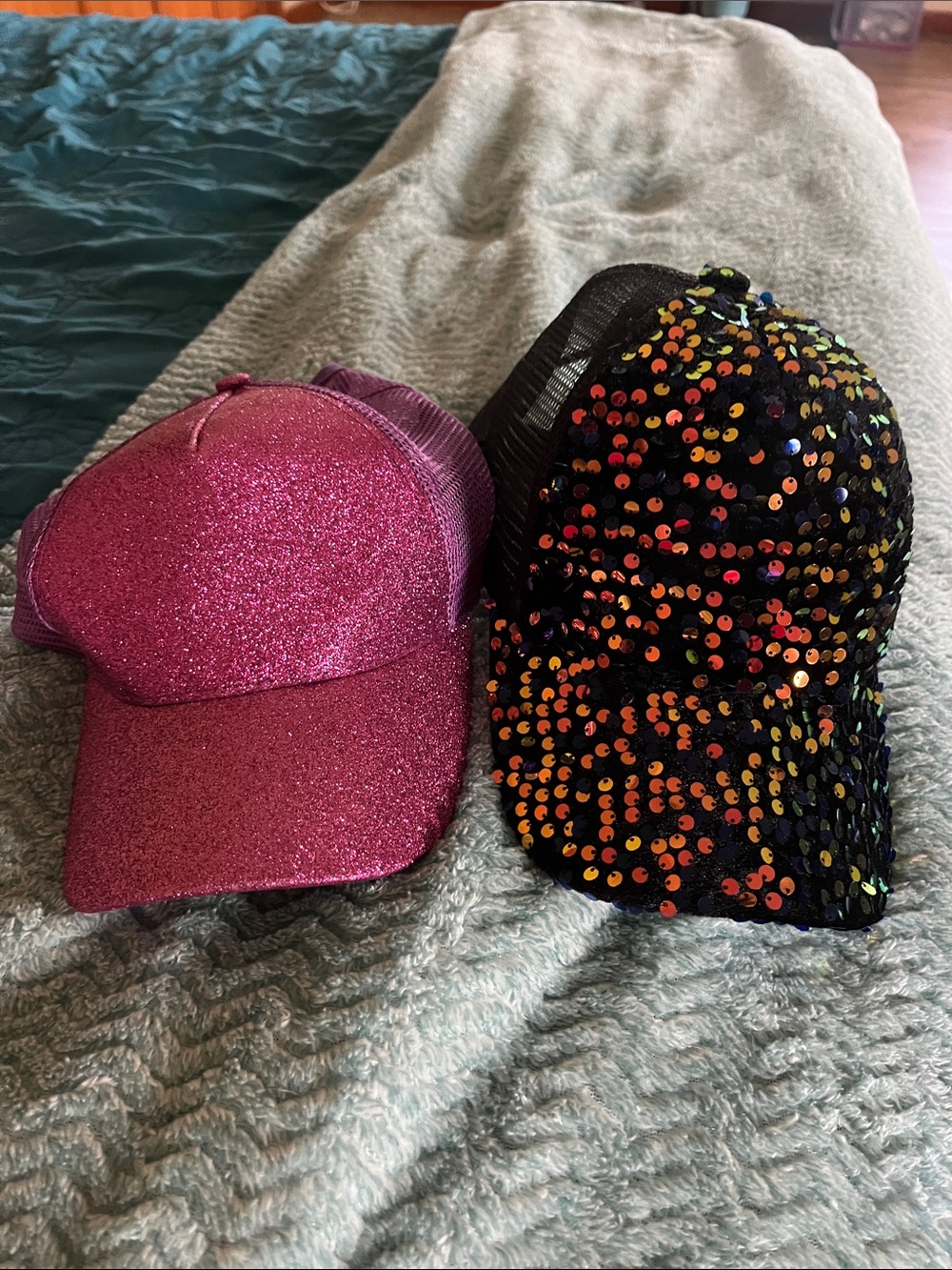 Pink Glitter baseball cap Hat & Black multi color Sequin SnapBack Set of 2 hats